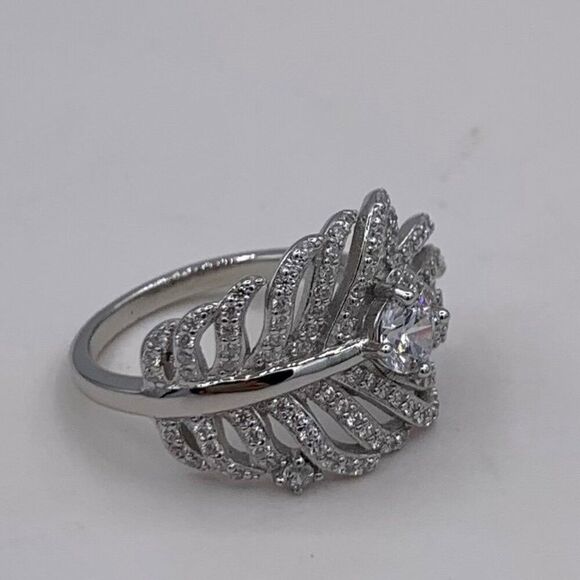 Ring, solid 925 sterling, feather motif, lab created gems, sz 7 - Picture 6 of 16